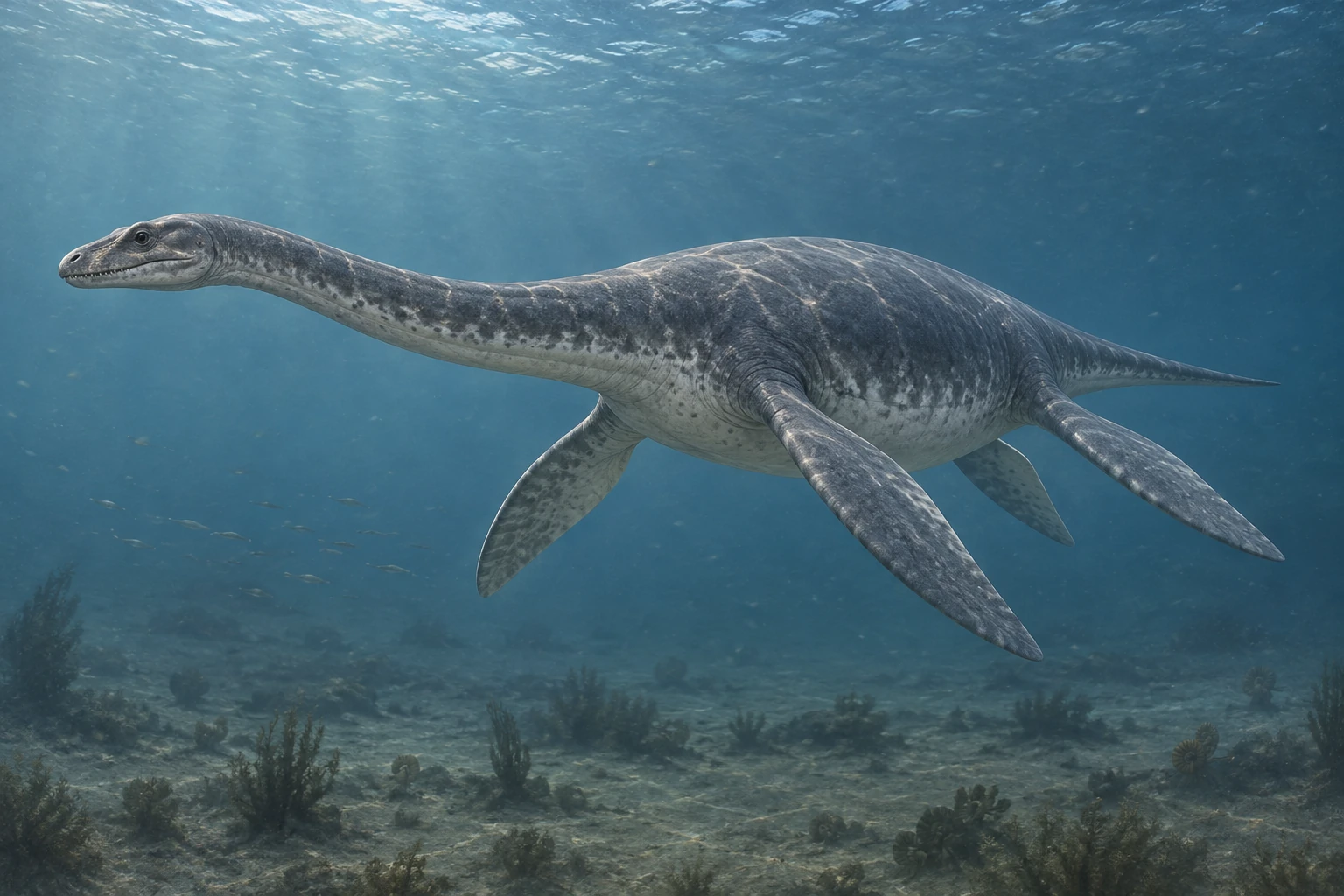 Illustrative life reconstruction of Cryptoclidus in a period-appropriate environment; coloration and missing anatomy are interpretations.