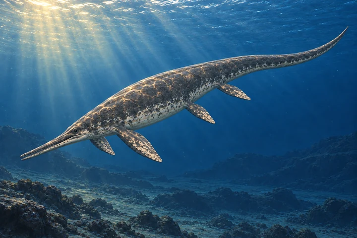 Illustrative life reconstruction of Cymbospondylus in its interpreted aquatic environment.