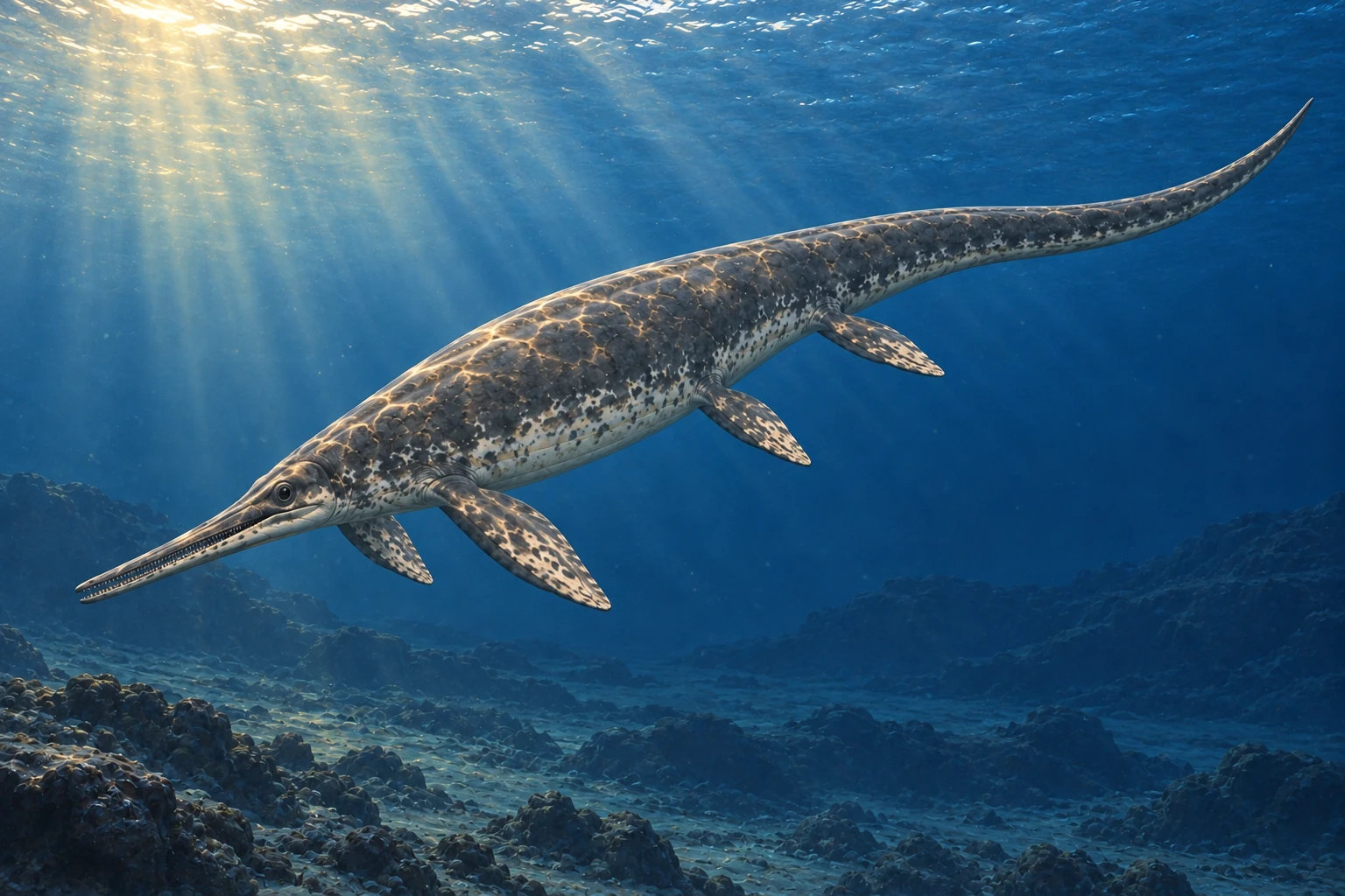 Illustrative life reconstruction of Cymbospondylus in its interpreted aquatic environment.