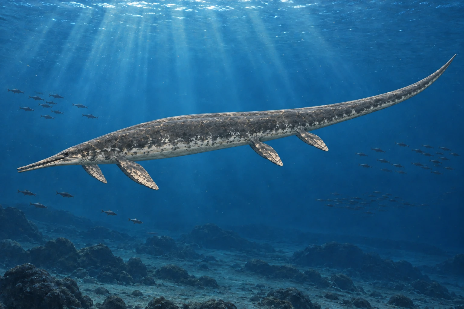 Illustrative life reconstruction of Cymbospondylus in a period-appropriate environment; coloration and missing anatomy are interpretations.