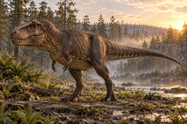 Full-body movie-style Daspletosaurus in a dramatic prehistoric landscape; Original artwork.