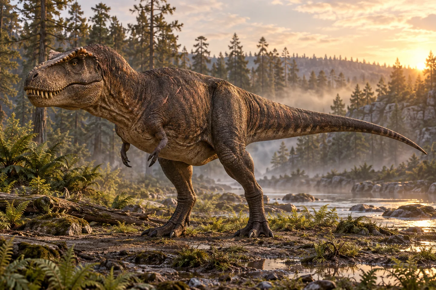 Original cinematic Daspletosaurus picture: Cinematic Daspletosaurus torosus with a robust tyrannosaur head, eye crests and small two-fingered arms; scars and surface colors are artistic.