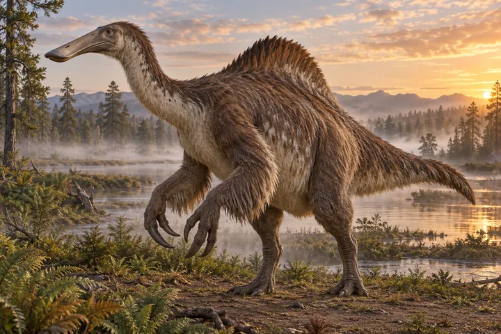 Full-body movie-style Deinocheirus in a dramatic prehistoric landscape; Original artwork.