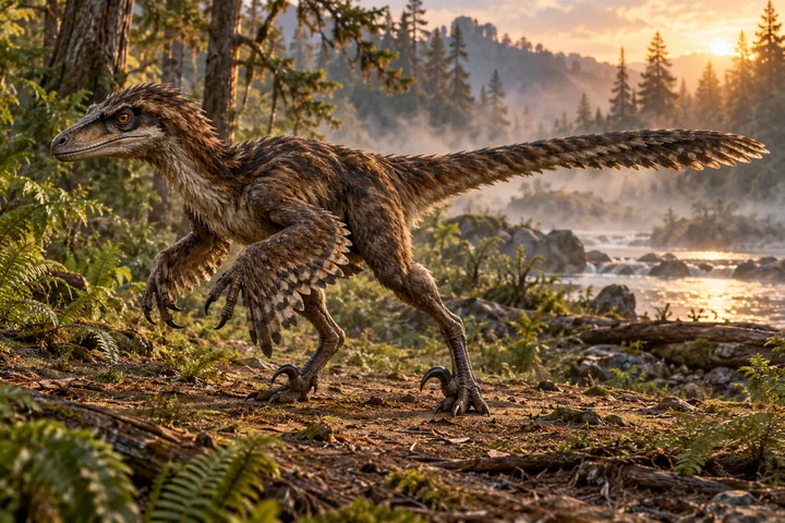 Full-body movie-style Deinonychus in a dramatic prehistoric landscape; Original artwork.