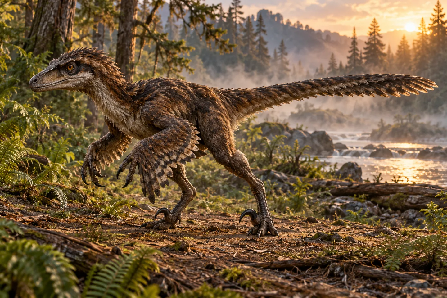 Original cinematic Deinonychus picture: Cinematic Deinonychus with inferred feather coat, horizontal balancing tail and raised sickle toe claws; alert low stance, dramatic forest light.