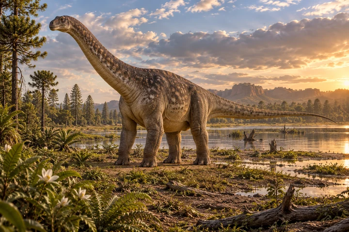Illustrative reconstruction of Diamantinasaurus matildae; missing anatomy, pose and colors are hypotheses.