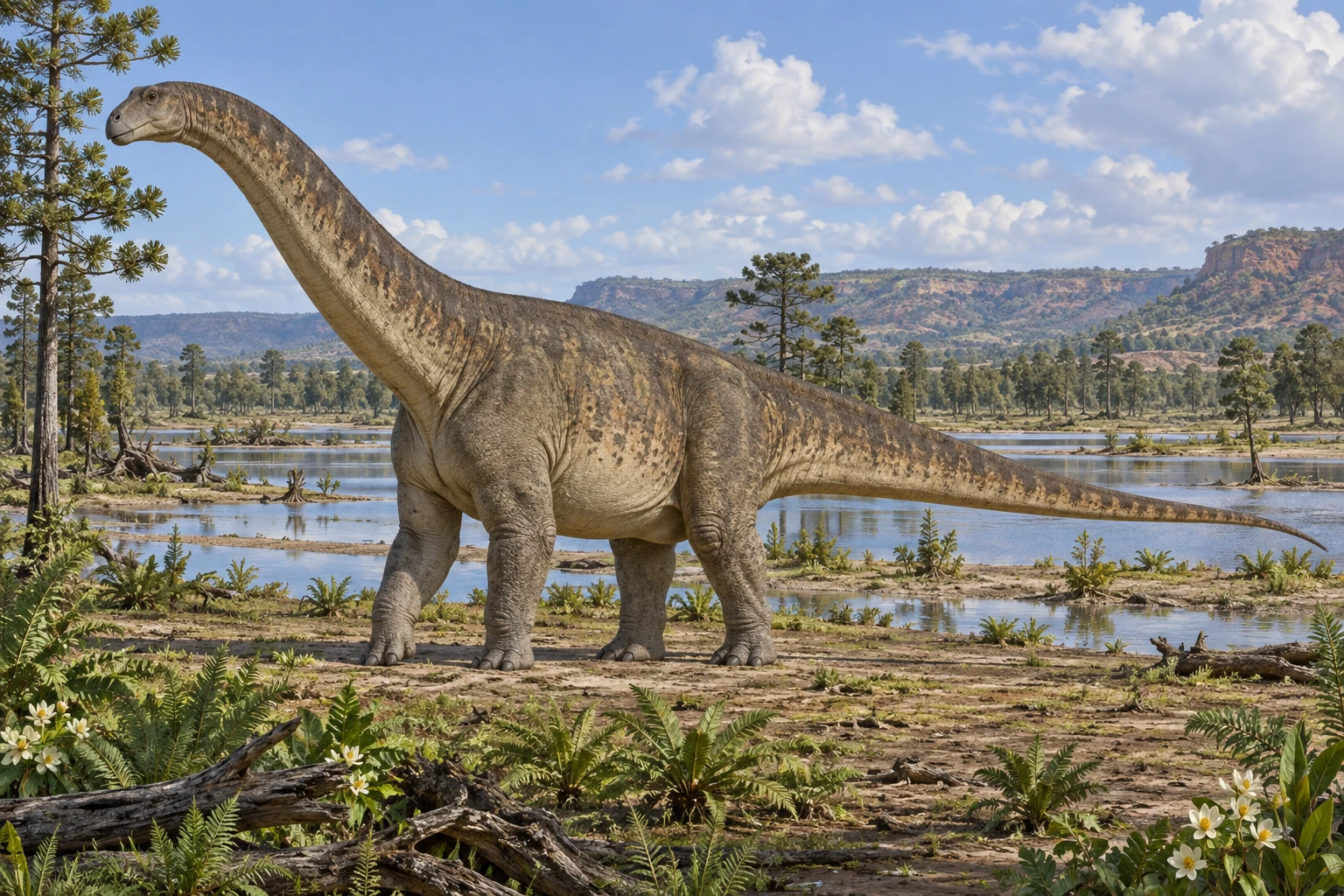 Illustrative life reconstruction of Diamantinasaurus in a period-appropriate environment; coloration and missing anatomy are interpretations.