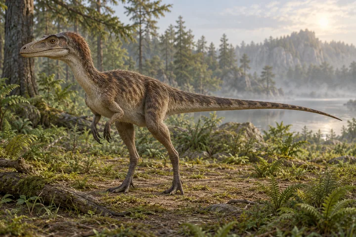 Illustrative reconstruction of Dilong paradoxus; missing anatomy, covering and colors are hypotheses.