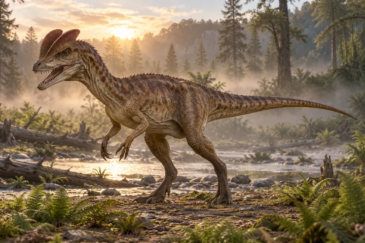 Full-body movie-style Dilophosaurus in a dramatic prehistoric landscape; Original artwork.
