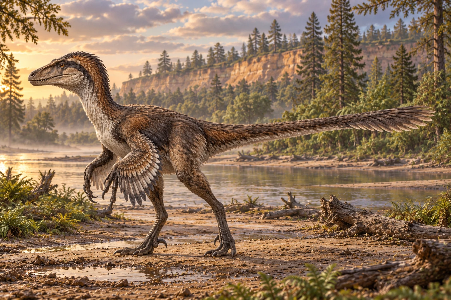 Illustrative reconstruction of Dineobellator notohesperus; missing anatomy, pose, skin and colors are hypotheses.