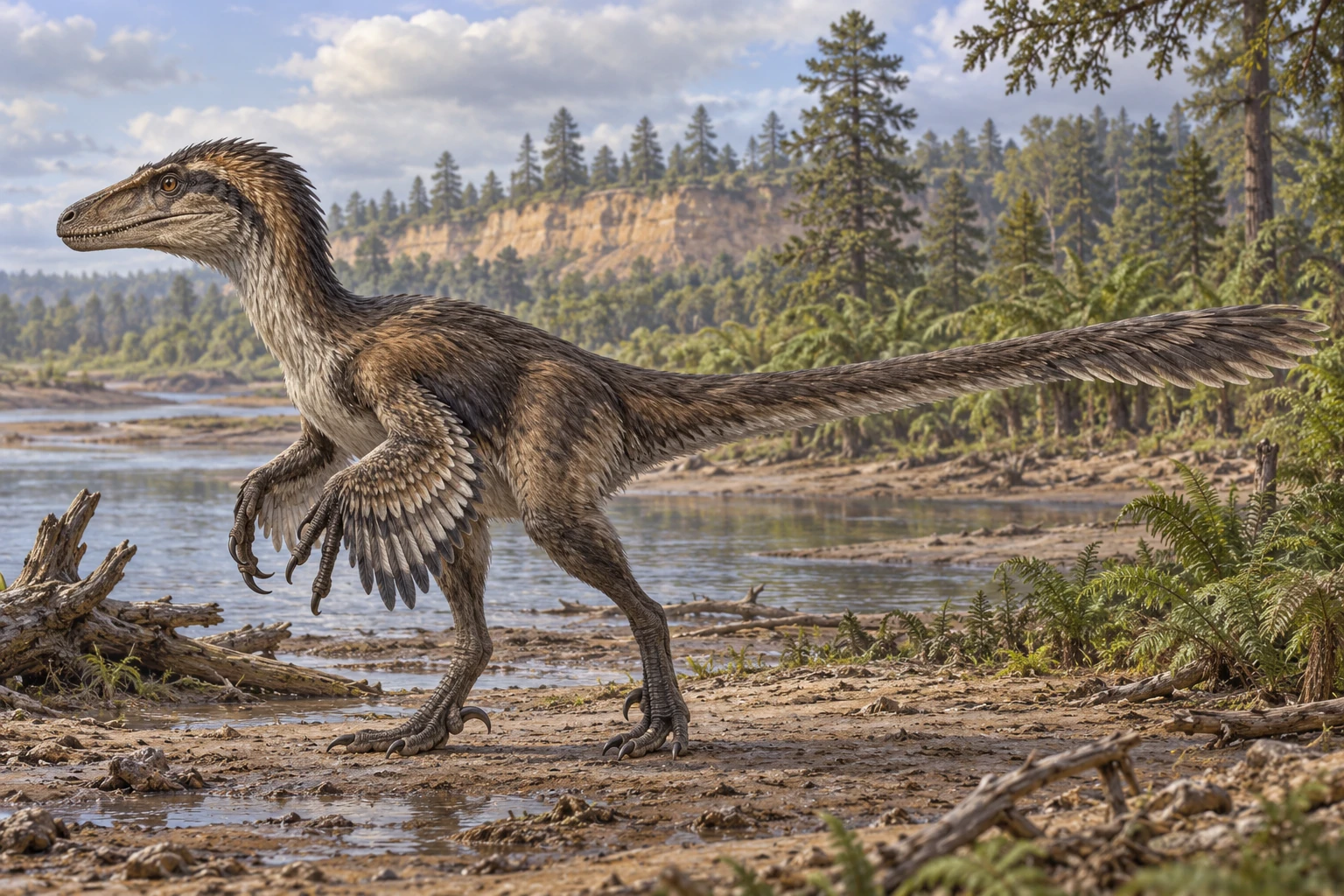 Illustrative life reconstruction of Dineobellator in a period-appropriate environment; coloration and missing anatomy are interpretations.
