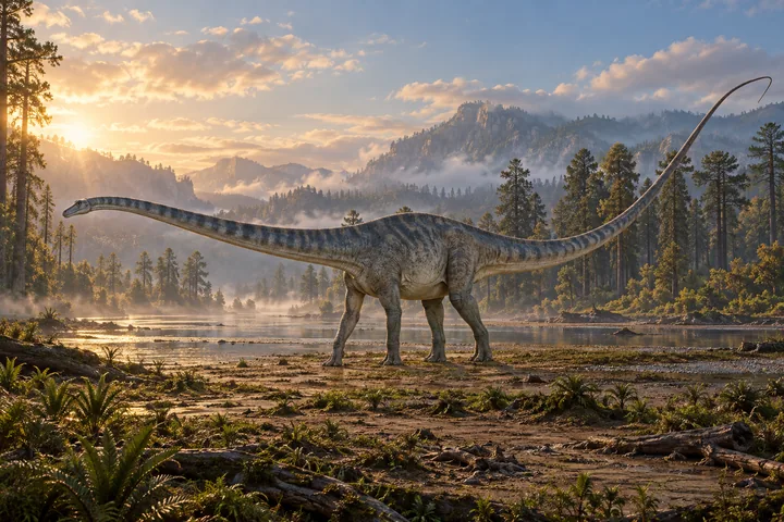 Full-body movie-style Diplodocus in a dramatic prehistoric landscape; Original artwork.