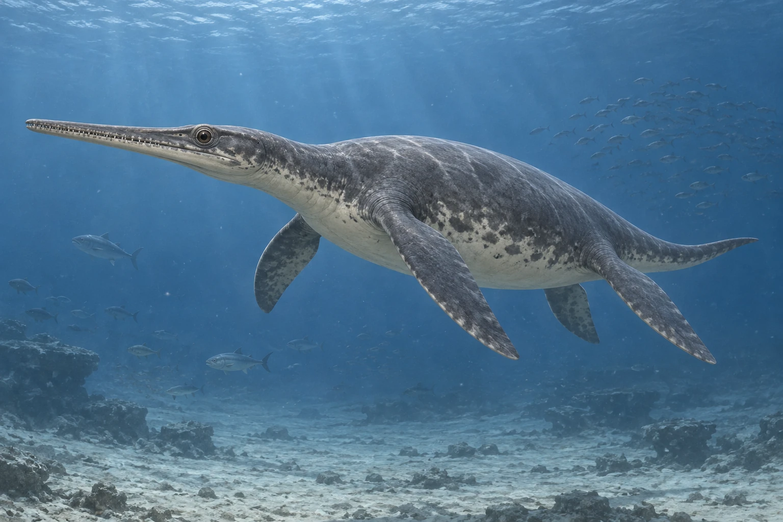 Illustrative life reconstruction of Dolichorhynchops in a period-appropriate environment; coloration and missing anatomy are interpretations.