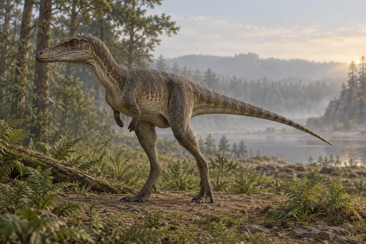 Illustrative reconstruction of Dracovenator regenti; missing anatomy, covering and colors are hypotheses.