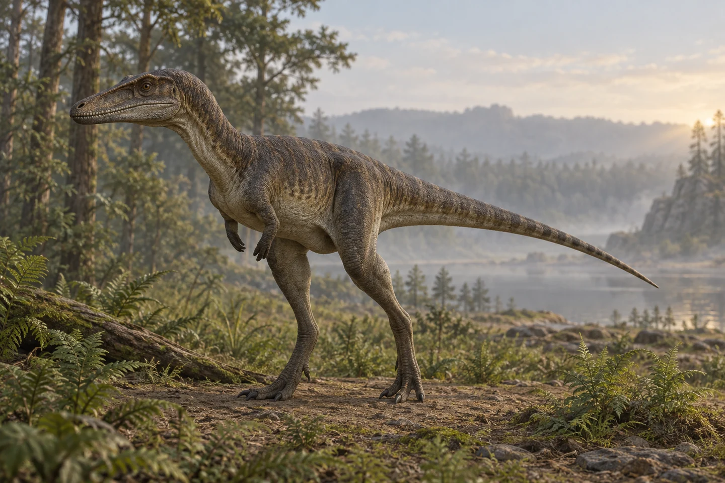 Illustrative reconstruction of Dracovenator regenti; missing anatomy, covering and colors are hypotheses.