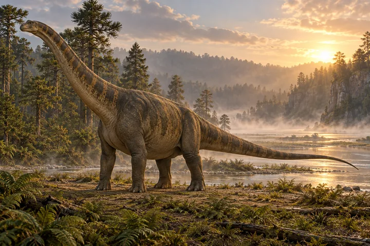 Full-body movie-style Dreadnoughtus in a dramatic prehistoric landscape; Original artwork.