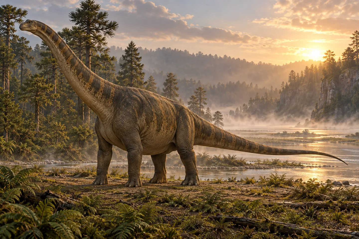 Original cinematic Dreadnoughtus picture: Cinematic Dreadnoughtus on massive supporting limbs, long neck and tail; head and extremities reconstructed conservatively from titanosaur relatives, speculative colour and no fixed mass claim.
