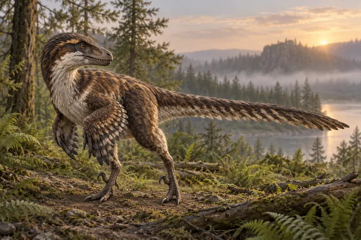 Illustrative reconstruction of Dromaeosaurus albertensis; restored covering and colors are scenarios.
