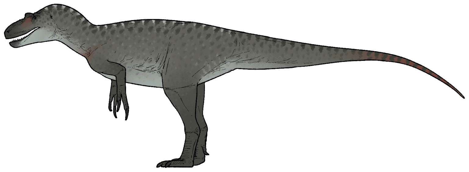 Side-view life reconstruction of Dryptosaurus aquilunguis with long clawed hands and a gray body with darker spots.