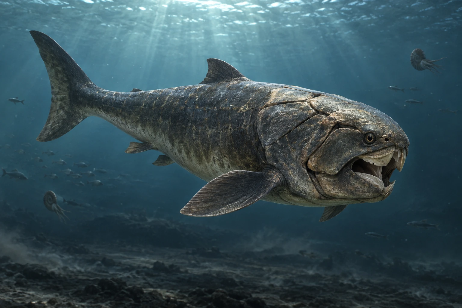 Artistic reconstruction of Dunkleosteus in a marine setting; colors and missing soft tissues are interpretations.