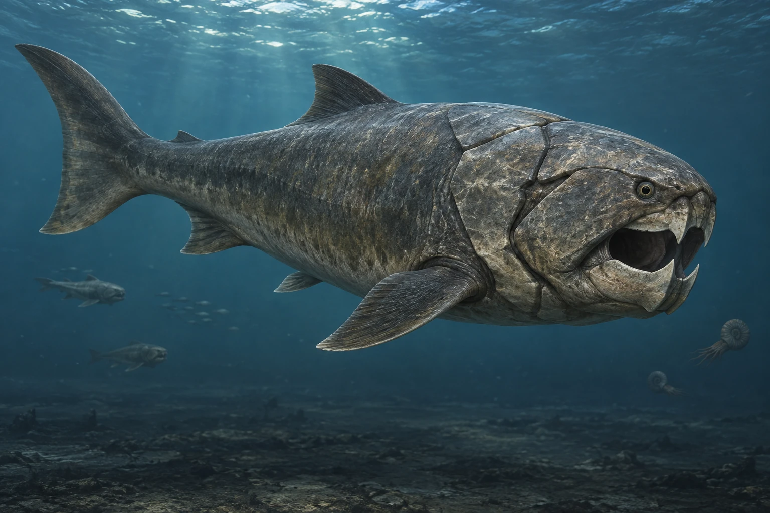 Illustrative life reconstruction of Dunkleosteus in a period-appropriate environment; coloration and missing anatomy are interpretations.