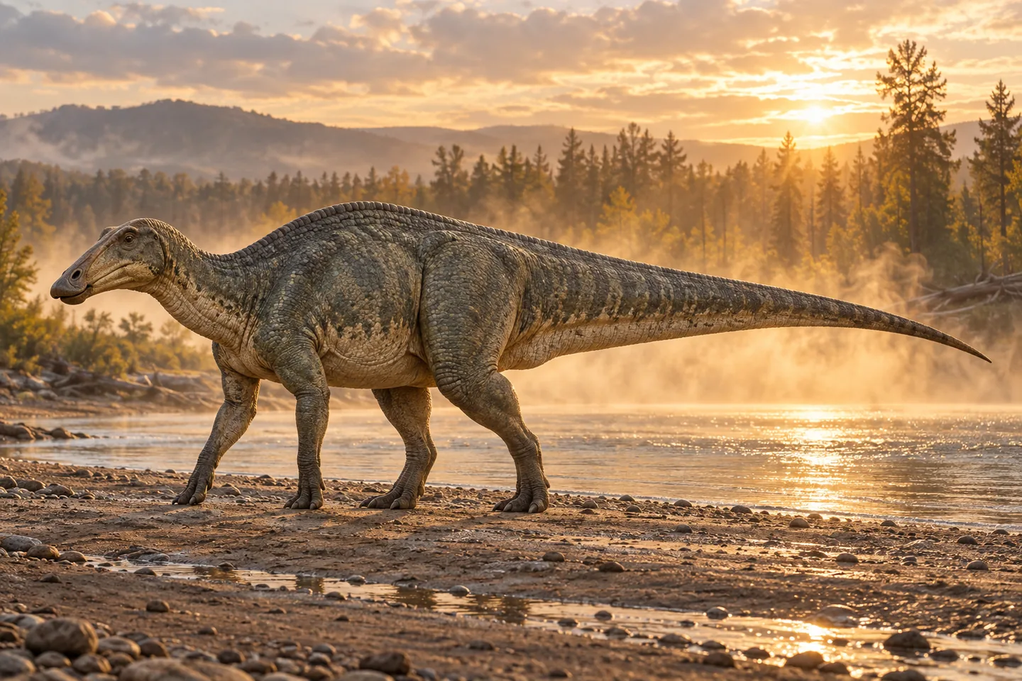 Original cinematic Edmontosaurus picture: Cinematic duck-billed hadrosaur with broad toothless beak, substantial hindlimbs, shorter forelimbs and long tail; scales visible, colours explicitly speculative.