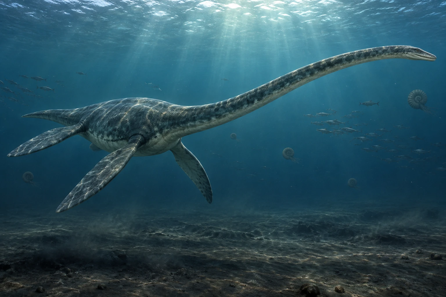 Artistic reconstruction of Elasmosaurus in a marine setting; colors and missing soft tissues are interpretations.