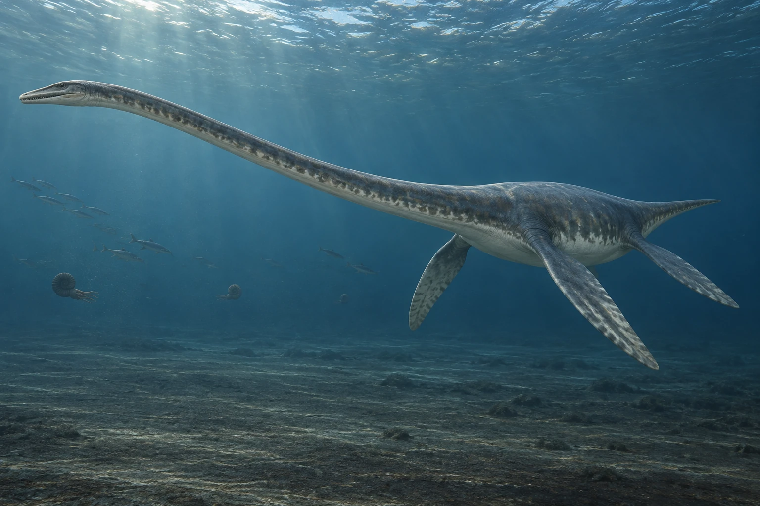 Illustrative life reconstruction of Elasmosaurus in a period-appropriate environment; coloration and missing anatomy are interpretations.