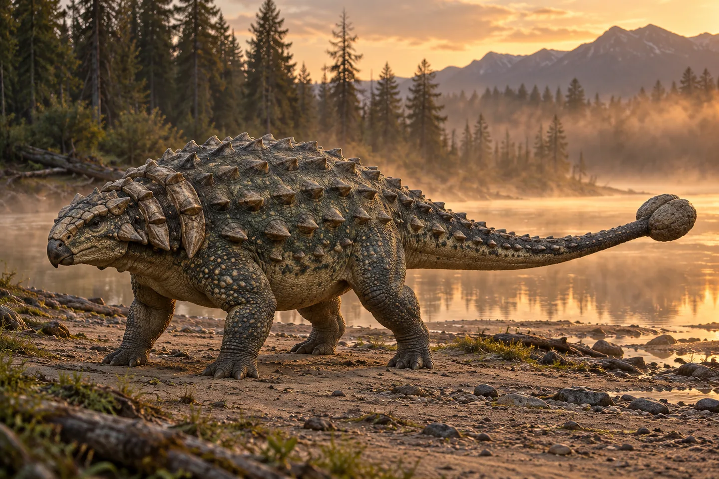 Original cinematic Euoplocephalus picture: Cinematic armoured quadruped with tail club and keeled neck armour; keep features within Euoplocephalus referrals rather than copying Scolosaurus armour wholesale.