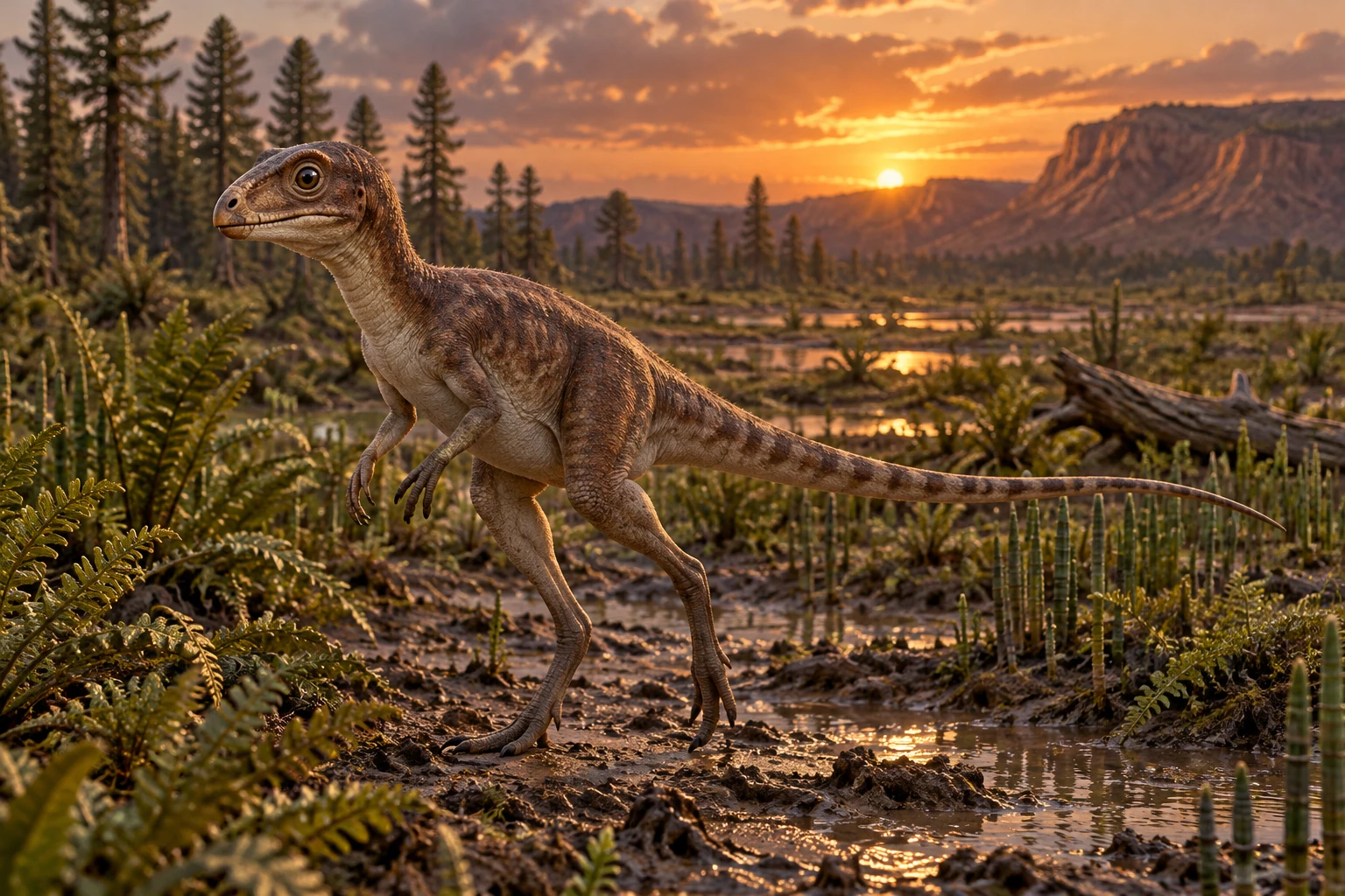 Illustrative reconstruction of Fruitadens haagarorum; missing anatomy, pose, skin and colors are hypotheses.