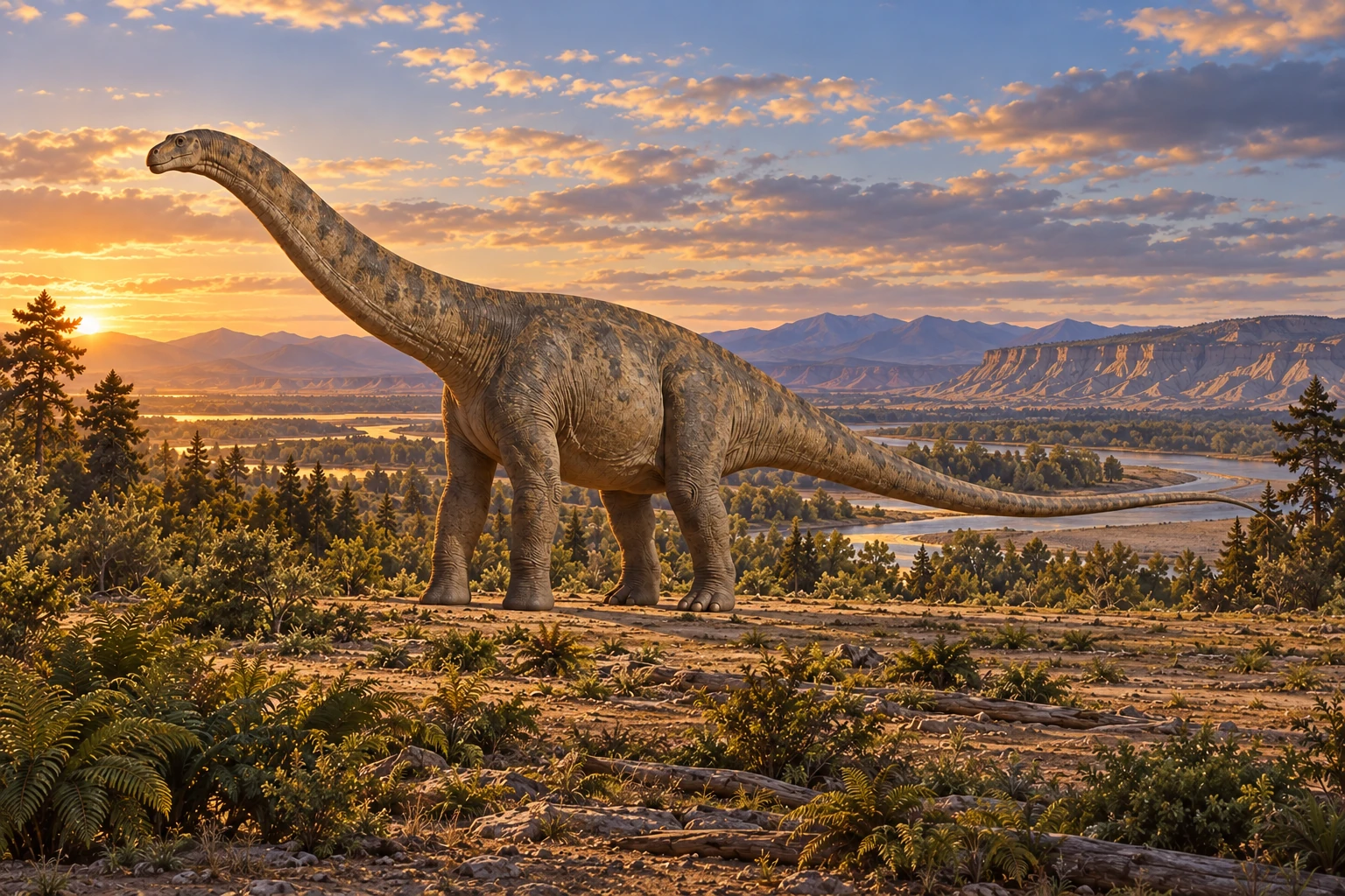 Illustrative reconstruction of Futalognkosaurus dukei; missing anatomy, pose, skin and colors are hypotheses.