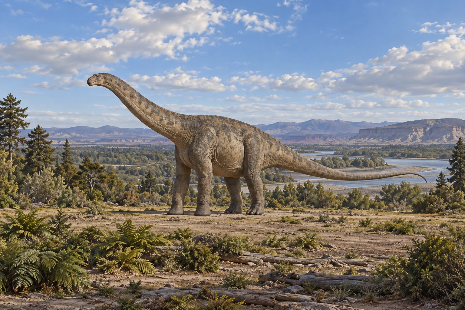 Illustrative life reconstruction of Futalognkosaurus in a period-appropriate environment; coloration and missing anatomy are interpretations.