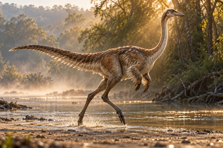 Full-body movie-style Gallimimus in a dramatic prehistoric landscape; Original artwork.