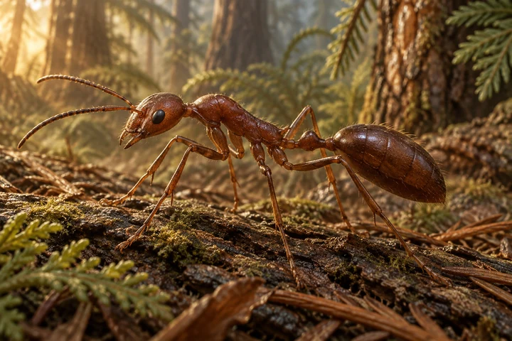 Illustrative living reconstruction of Gerontoformica; missing anatomy and exact colors remain uncertain.
