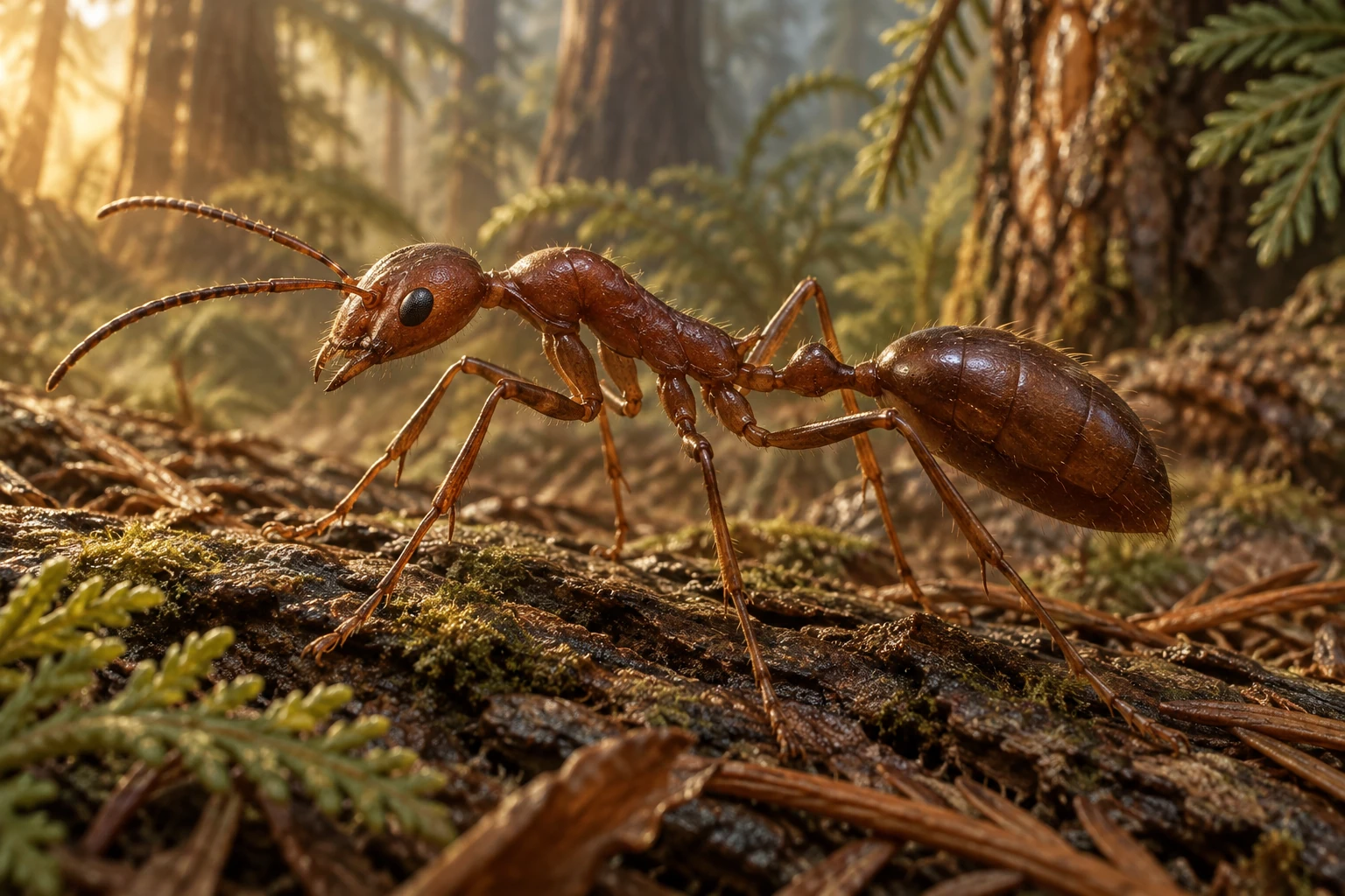 Illustrative living reconstruction of Gerontoformica; missing anatomy and exact colors remain uncertain.