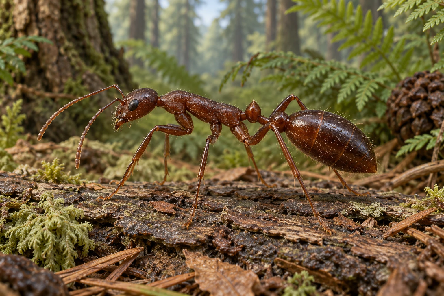 Illustrative life reconstruction of Gerontoformica in a period-appropriate environment; coloration and missing anatomy are interpretations.