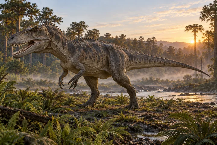 Full-body movie-style Giganotosaurus in a dramatic prehistoric landscape; Original artwork.