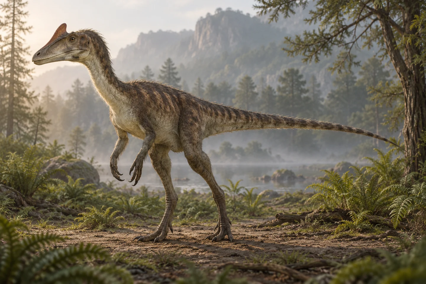 Illustrative reconstruction of Guanlong wucaii; missing anatomy, covering and colors are hypotheses.