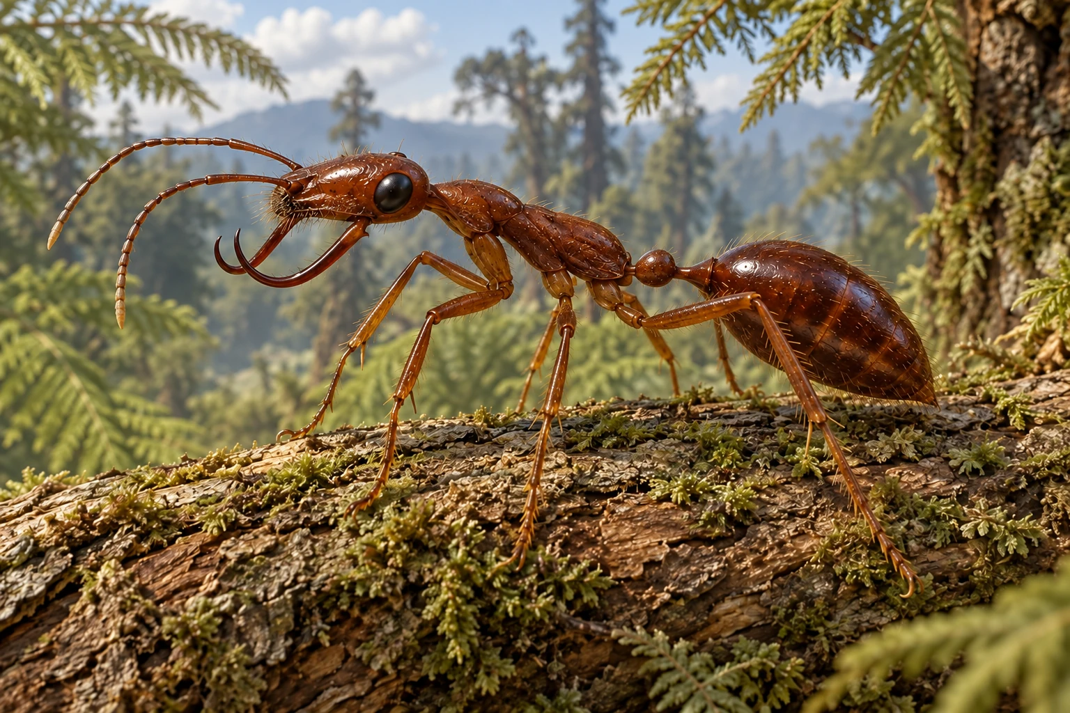 Illustrative life reconstruction of Haidomyrmex in a period-appropriate environment; coloration and missing anatomy are interpretations.