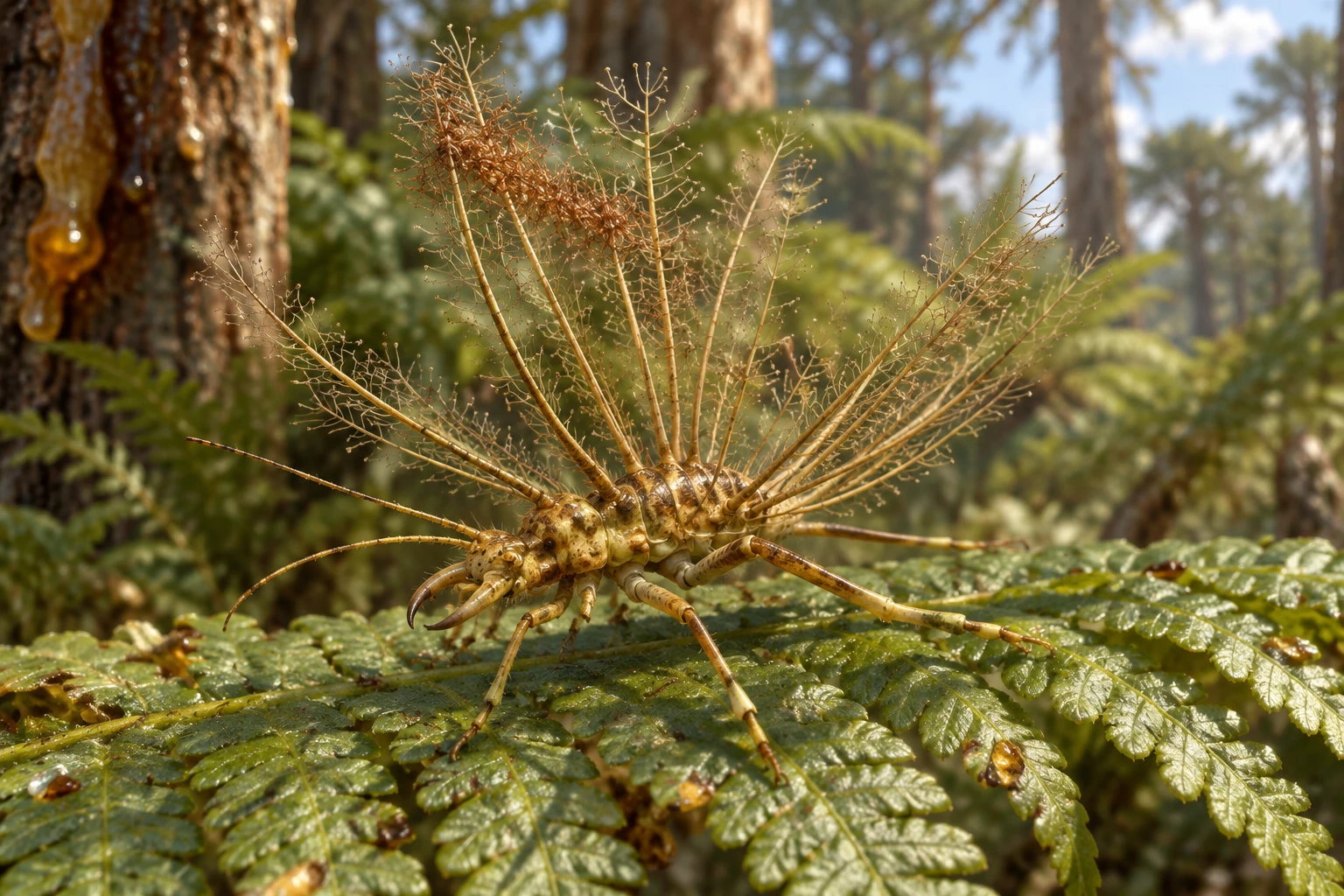 Illustrative life reconstruction of Hallucinochrysa in a period-appropriate environment; coloration and missing anatomy are interpretations.