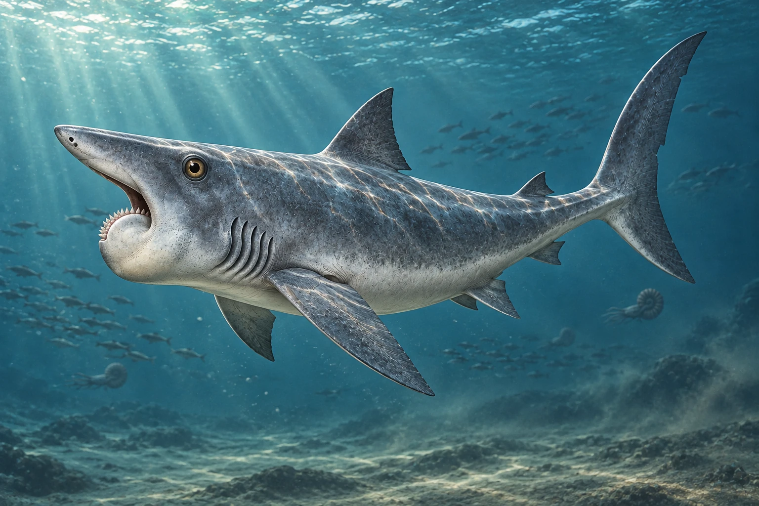 Illustrative life reconstruction of Helicoprion in its interpreted aquatic environment.