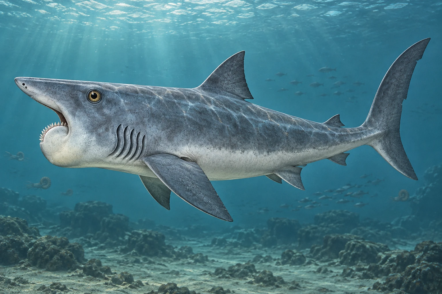 Illustrative life reconstruction of Helicoprion in a period-appropriate environment; coloration and missing anatomy are interpretations.