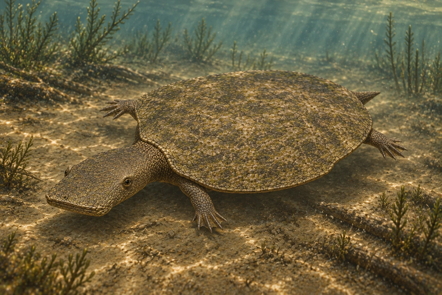 Illustrative life reconstruction of Henodus in its interpreted aquatic environment.