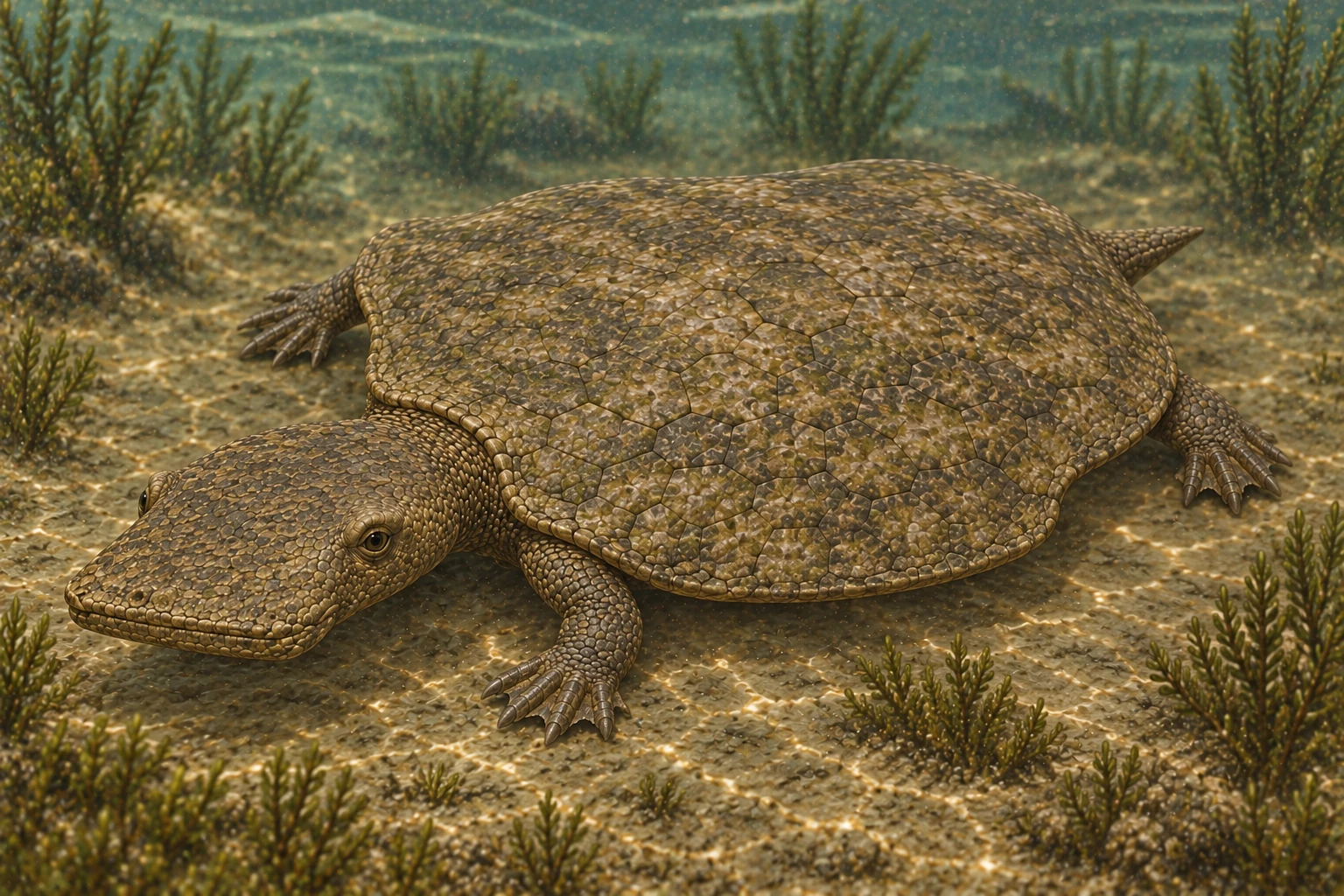 Illustrative life reconstruction of Henodus in a period-appropriate environment; coloration and missing anatomy are interpretations.