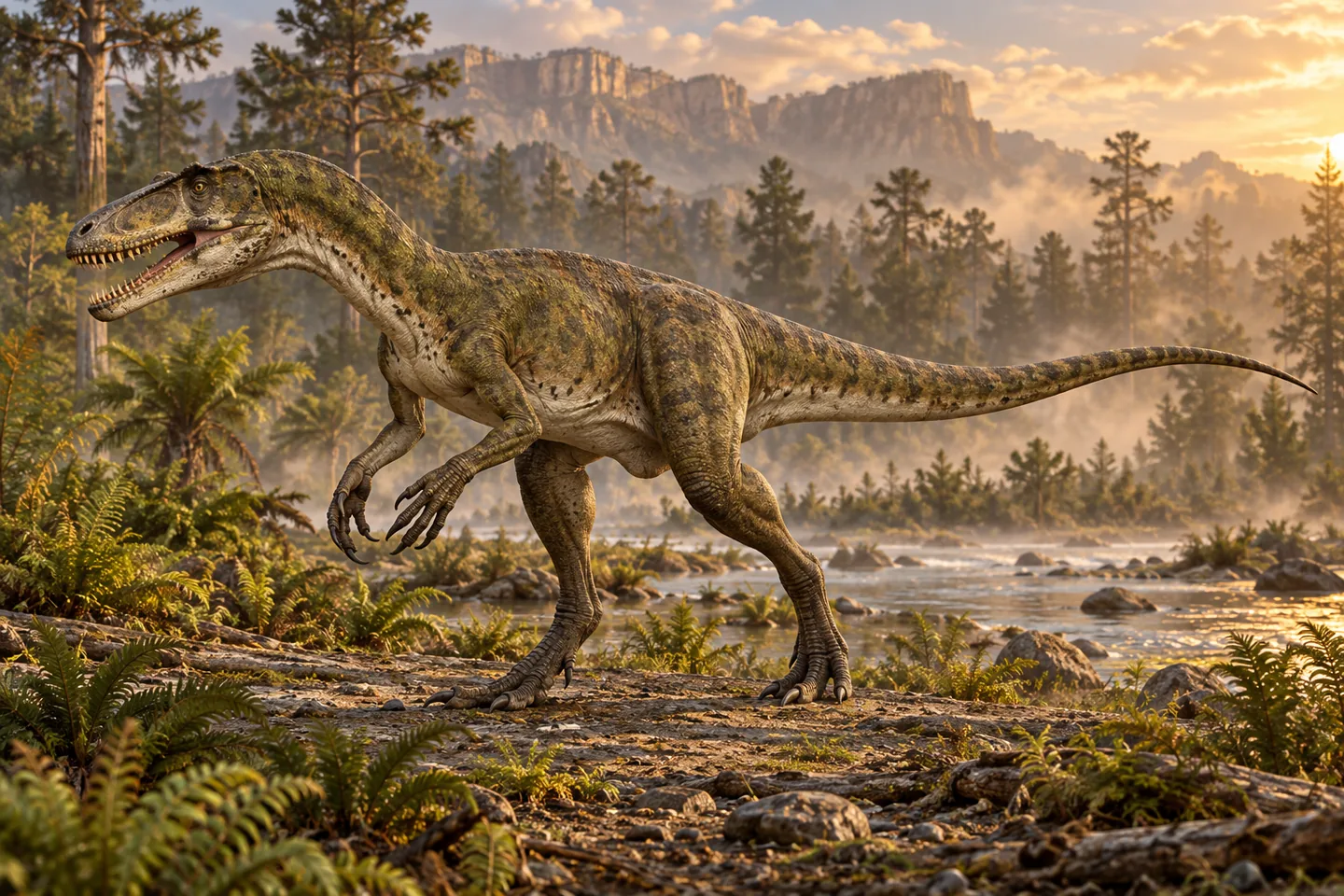 Original cinematic Herrerasaurus picture: Cinematic early Herrerasaurus predator with strong grasping arms, recurved teeth and a long balancing tail; forward-held bipedal body, restrained speculative skin texture.