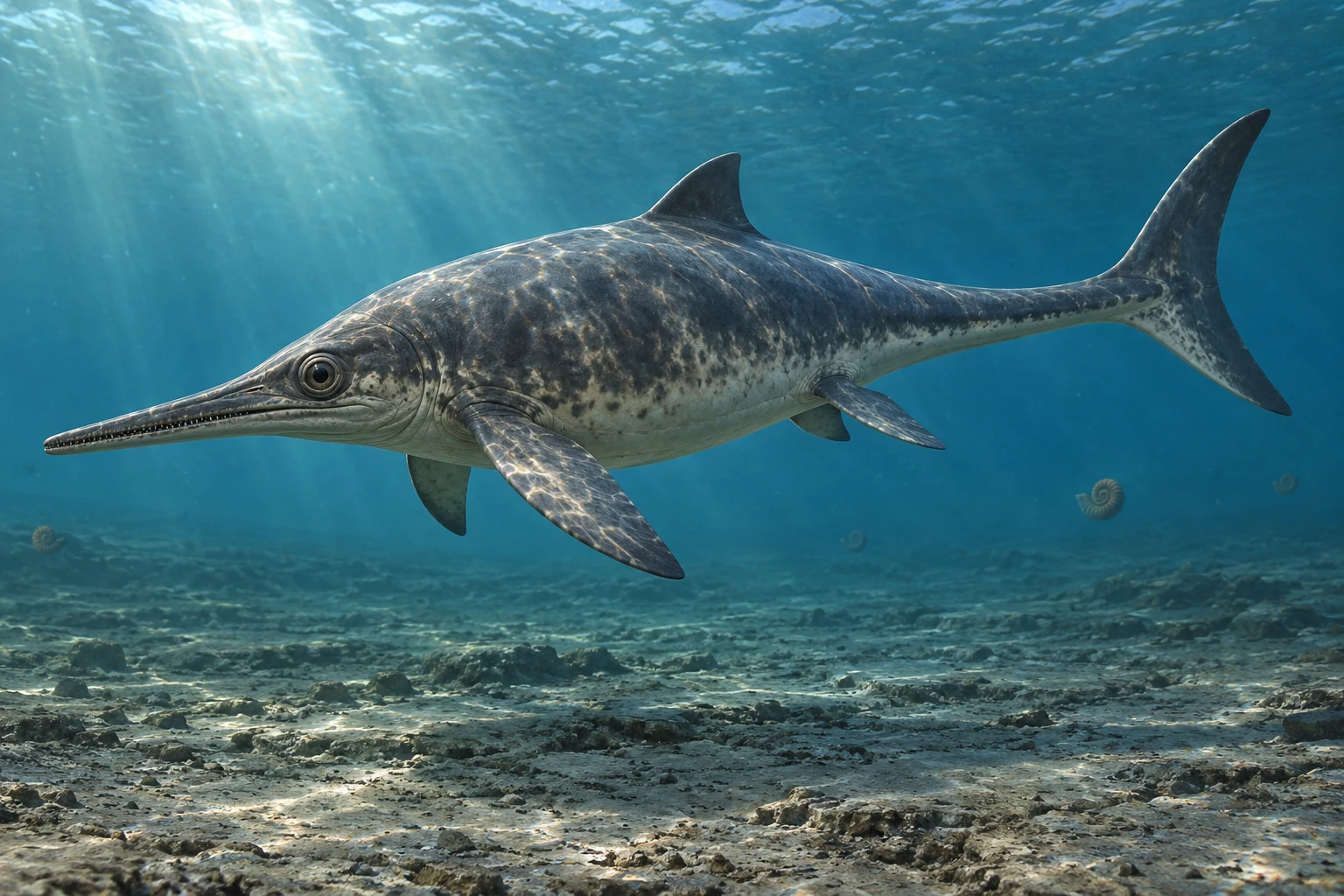 Artistic reconstruction of Ichthyosaurus in a marine setting; colors and missing soft tissues are interpretations.