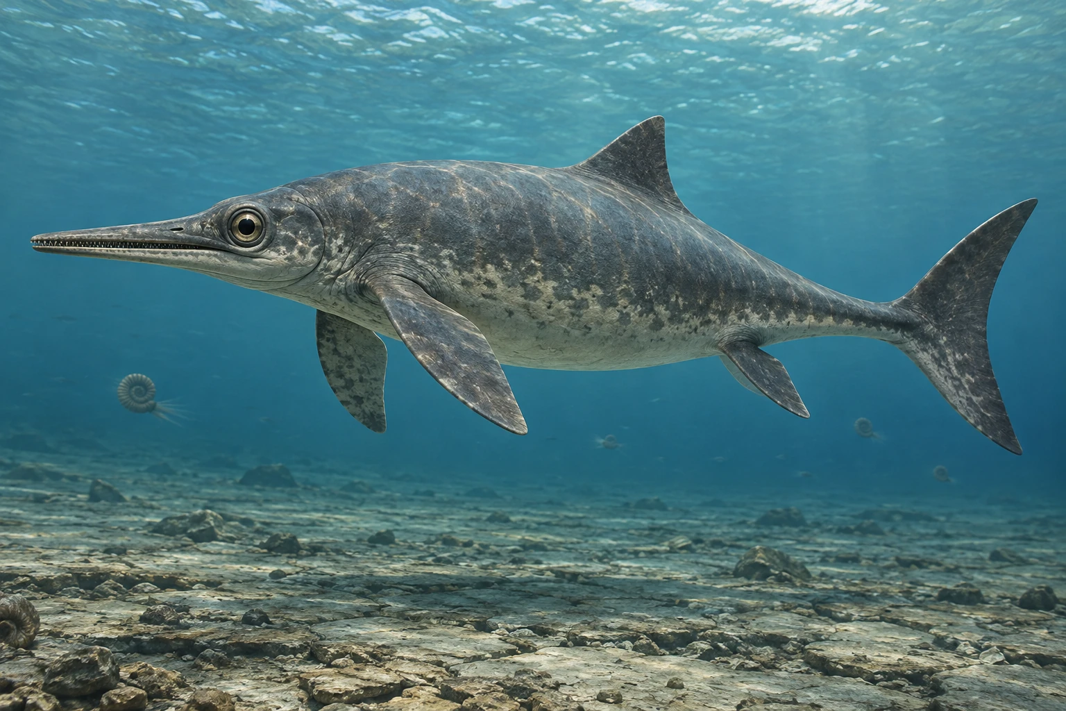 Illustrative life reconstruction of Ichthyosaurus in a period-appropriate environment; coloration and missing anatomy are interpretations.