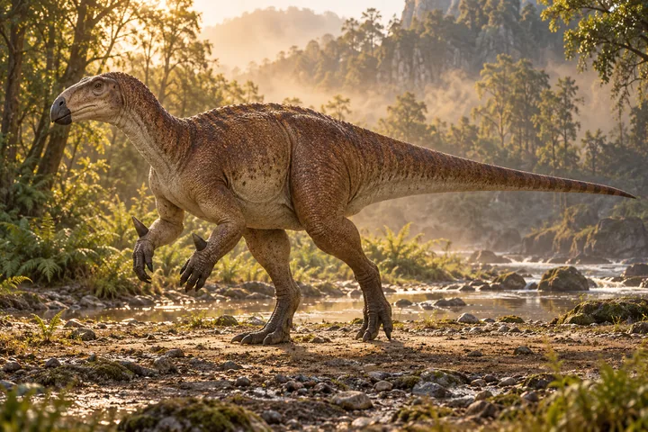 Full-body movie-style Iguanodon in a dramatic prehistoric landscape; Original artwork.