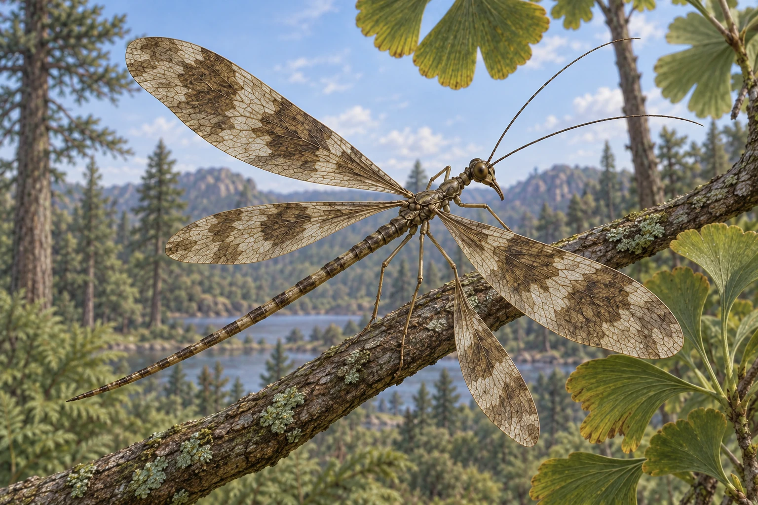 Illustrative life reconstruction of Juracimbrophlebia in a period-appropriate environment; coloration and missing anatomy are interpretations.