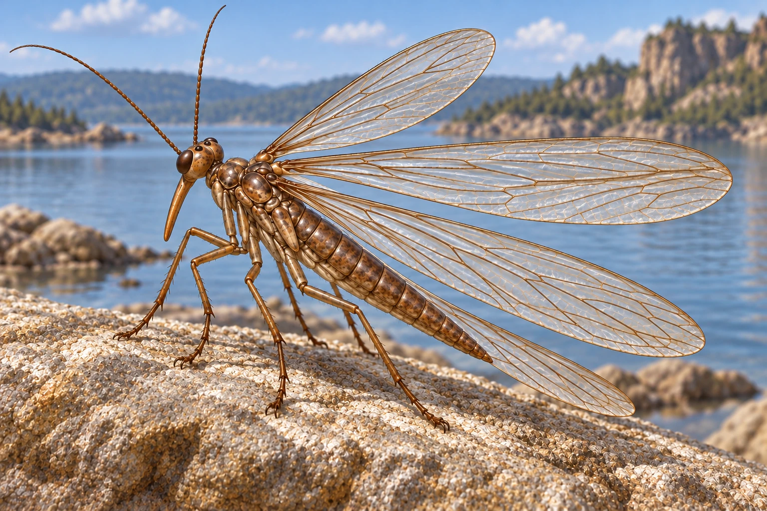 Source-informed Jurassipanorpa impunctata reconstruction with unspotted wings; exact living colors and some missing anatomy remain uncertain.